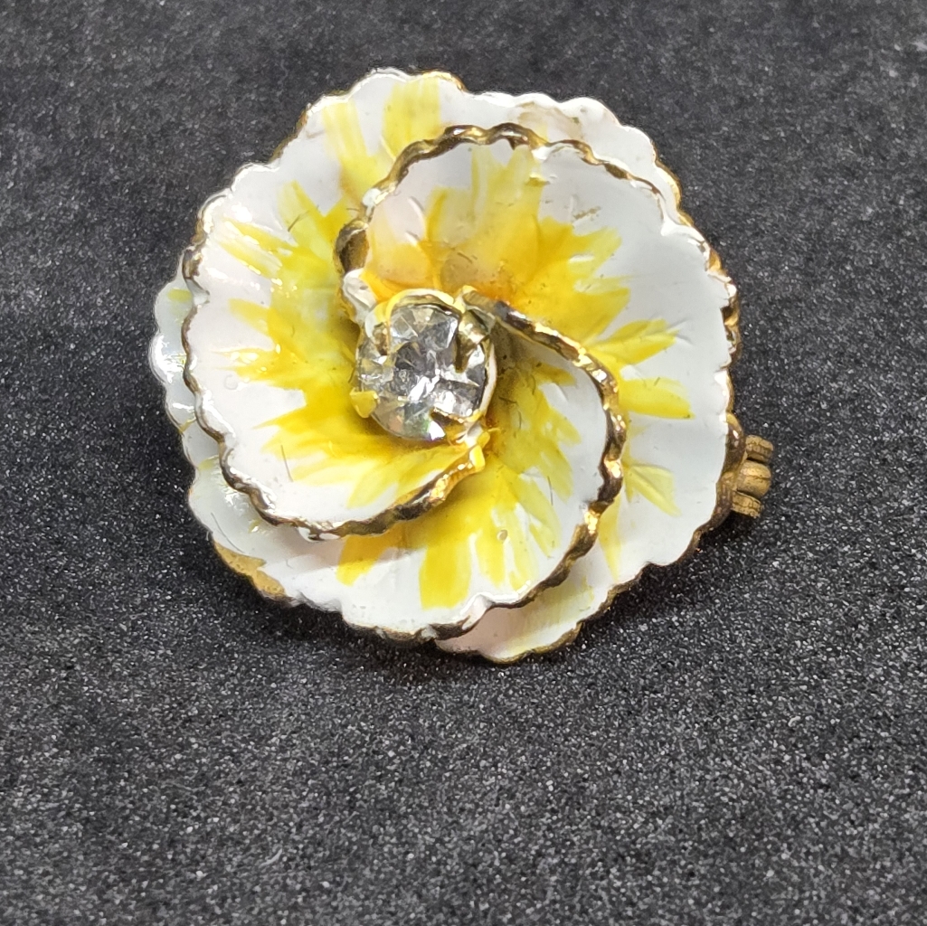 Vintage Sandor Enamel Painted Tiny Flower Brooch Pansy Rhinestone Center